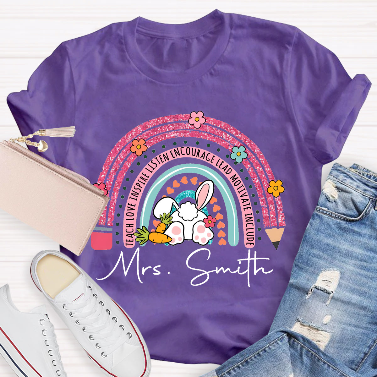 Personalized Name Easter Pink Pencil Rainbow T-Shirt