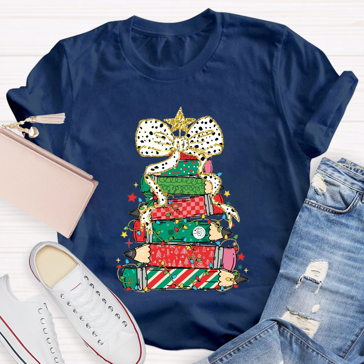 Pencil Tree  Bow Teacher T-Shirt