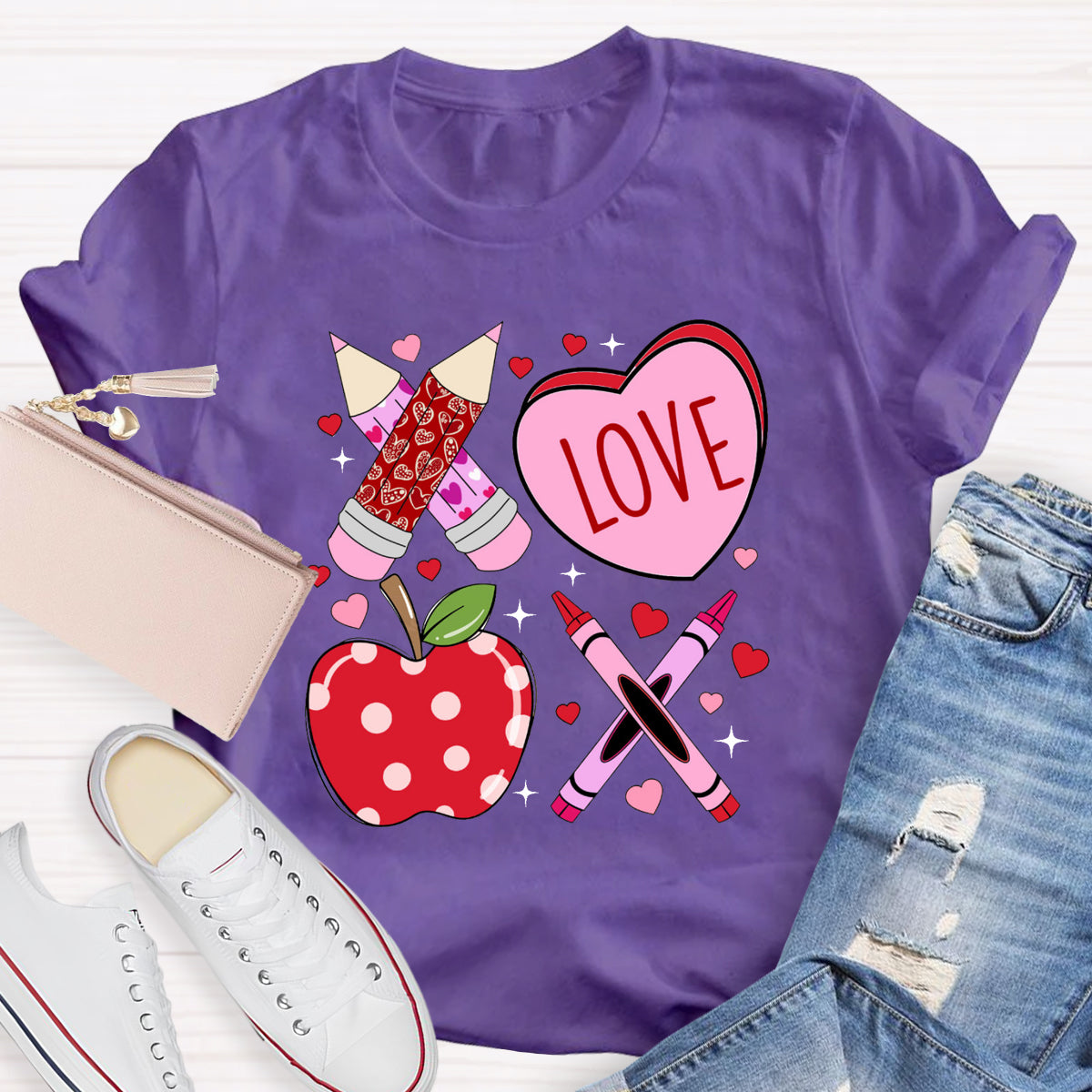 Pink Pencil And Apple Love Teacher T-Shirt