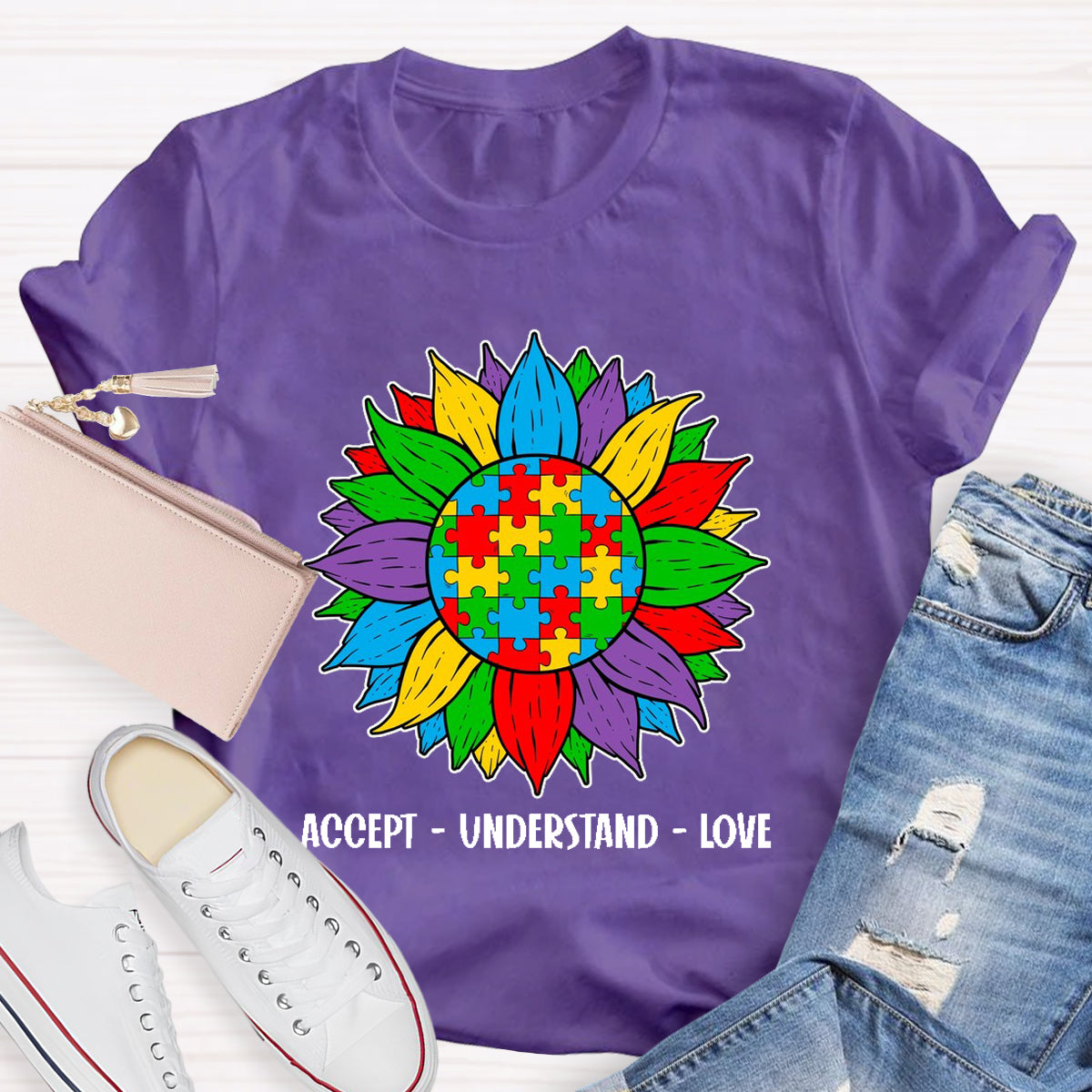 Accept Understand Love Colorful Sunflower Teacher T-Shirt