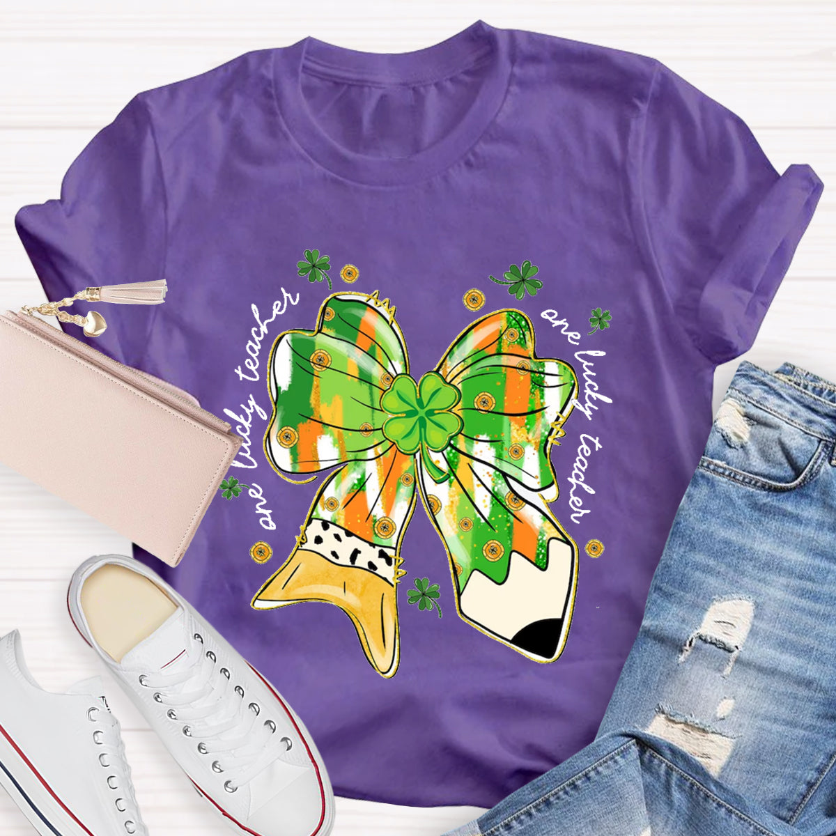 One Lucky Teacher Green Bow T-Shirt