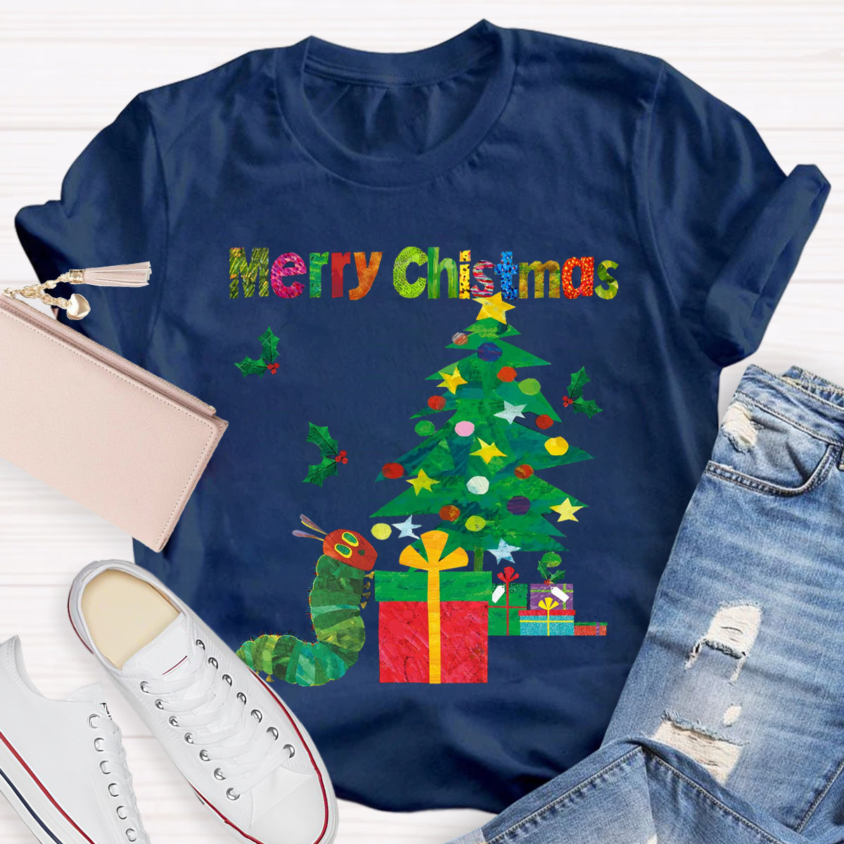 Merry Christmas Caterpillar Crawling Towards Christmas Tree T-Shirt