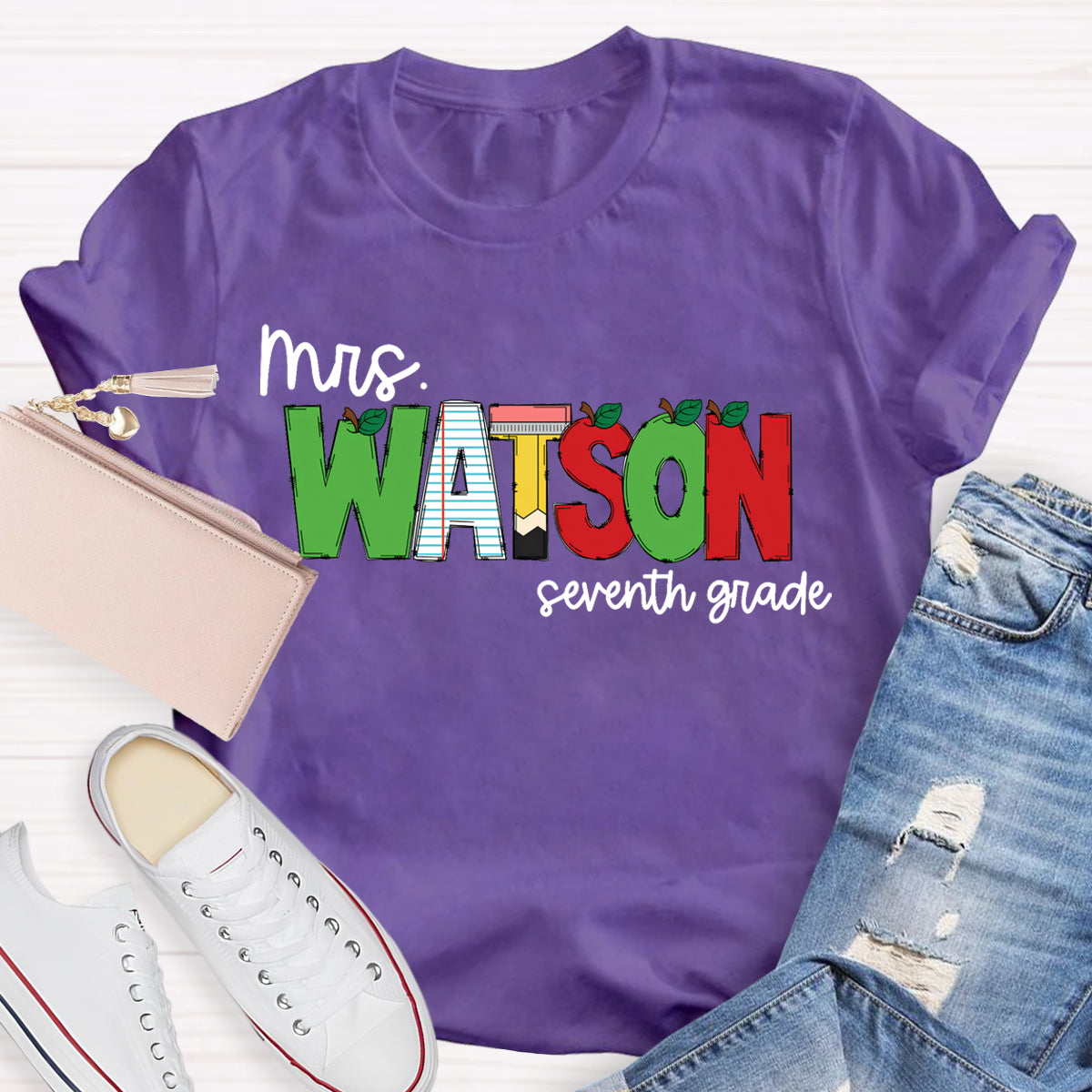 Personalized Name And Grade Green Red Color Block Teacher T-Shirt