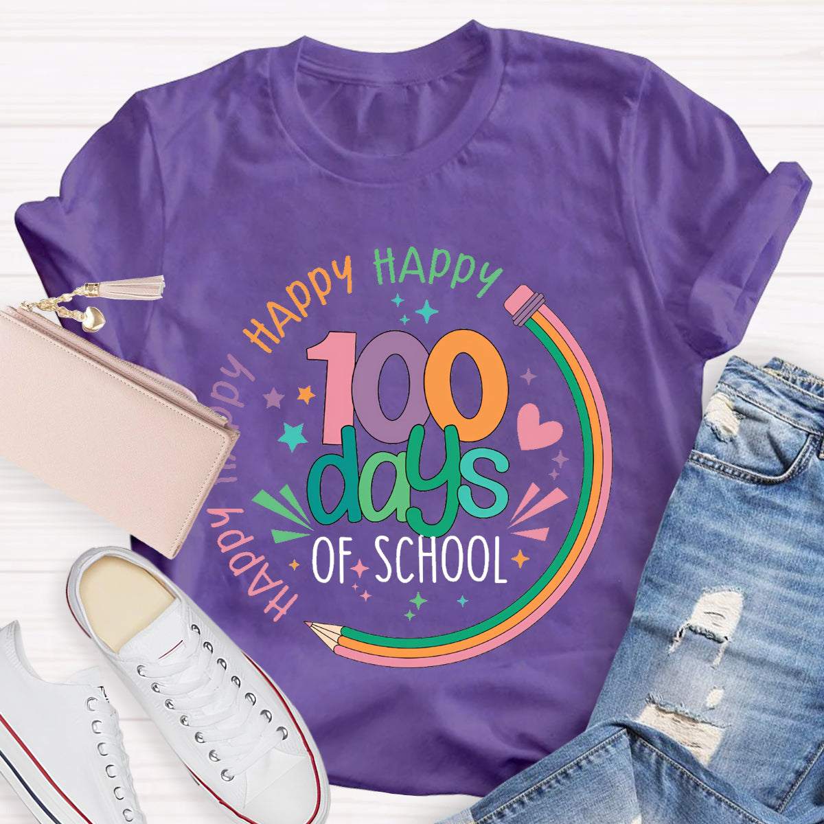 Happy Happy Happy 100 Days Of School Teacher T-Shirt