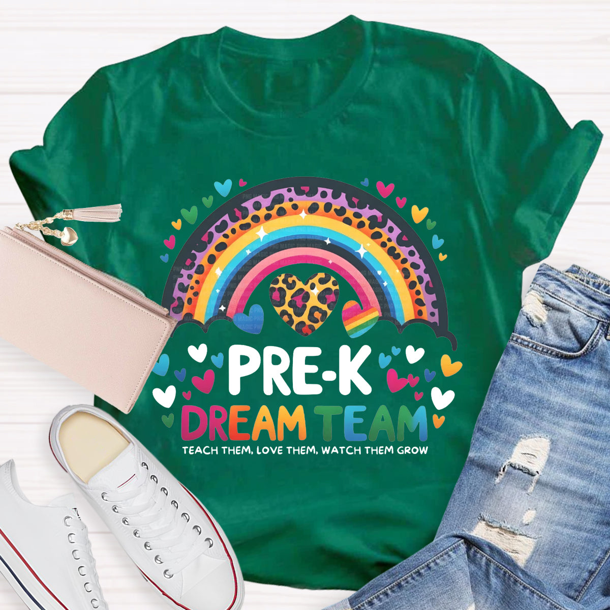 Personalized Grade Pre-K Dream Team Leopard Rainbow Teacher T-Shirt