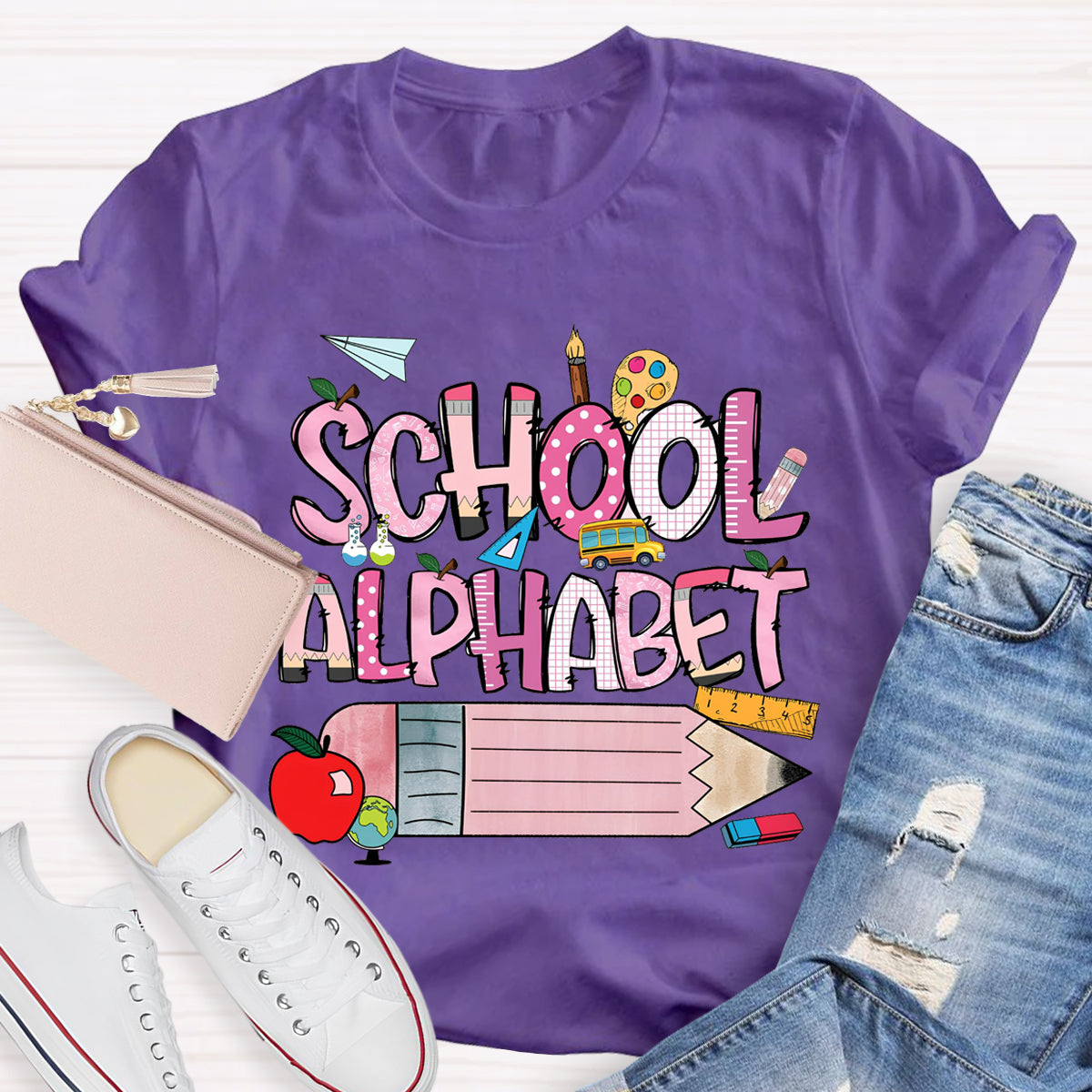 School Alphabet Pink Pencil Teacher T-Shirt