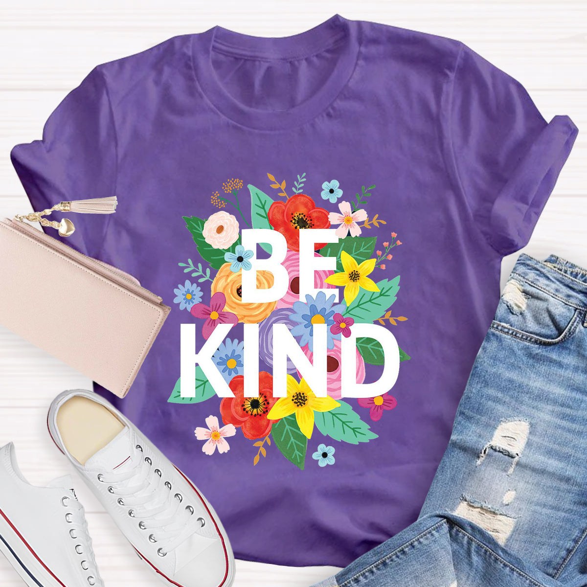 Colorful Flower Be Kind Teacher T-Shirt