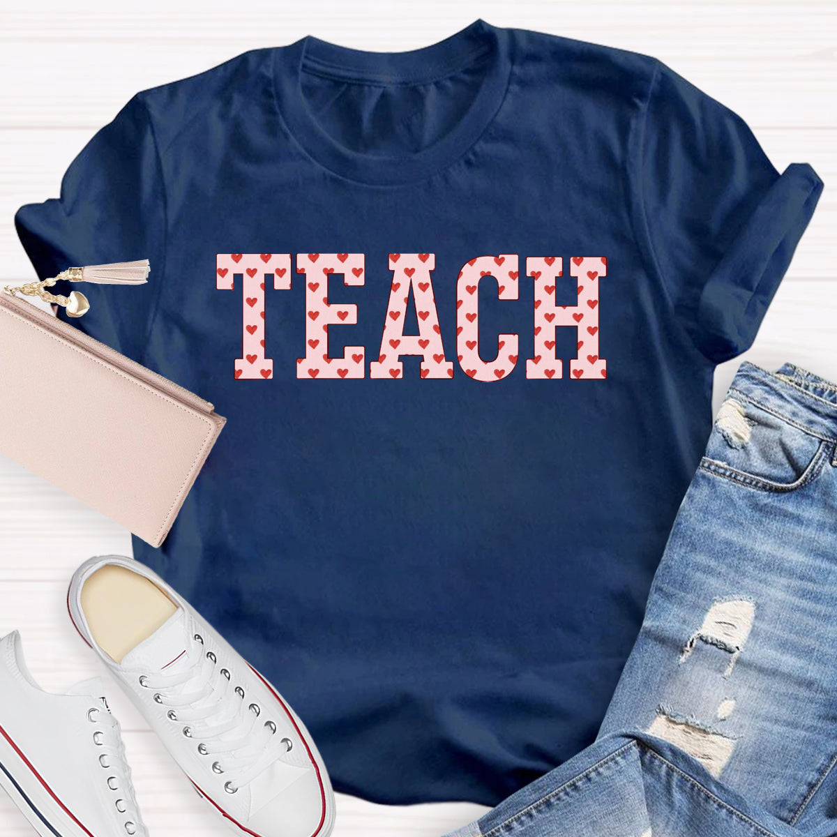 Pink Heart Teach Teacher T-Shirt