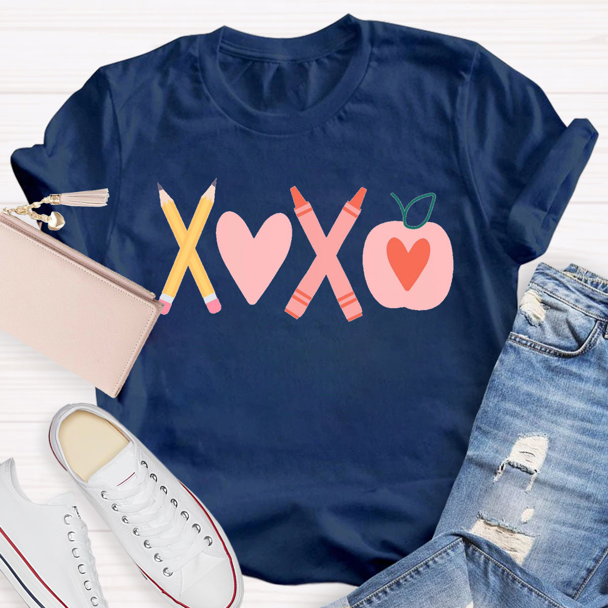 Valentine's Day Pencil Crayon Apple Teacher T-Shirt