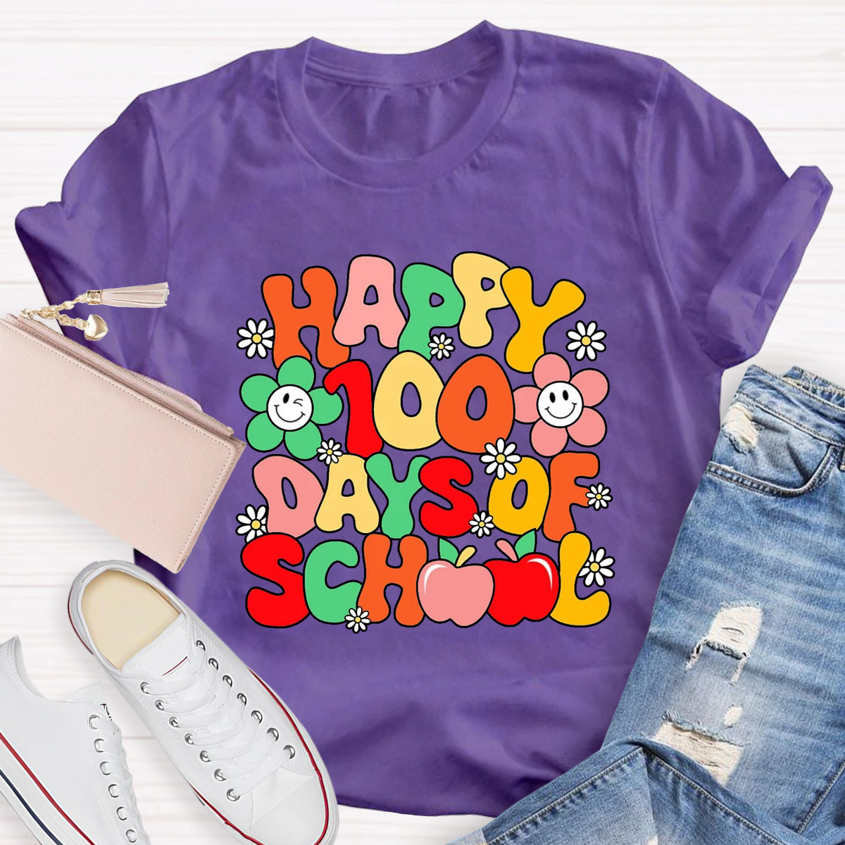 Happy 100 Days Of School Flower Apple T-Shirt