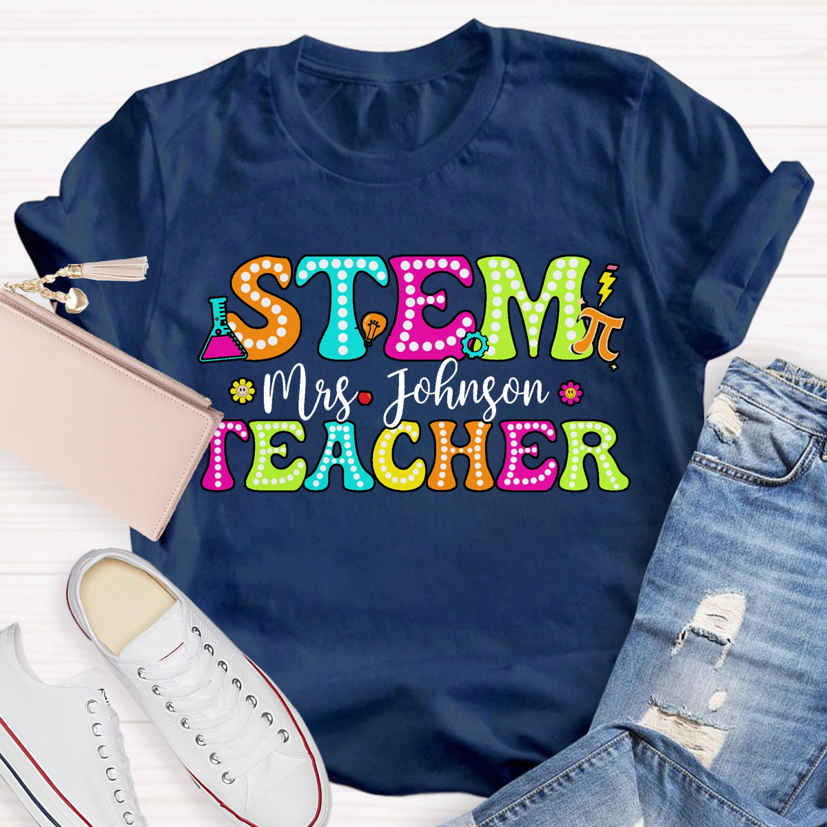 Personalized Name STEM Teachers Colorful Printed T-Shirt