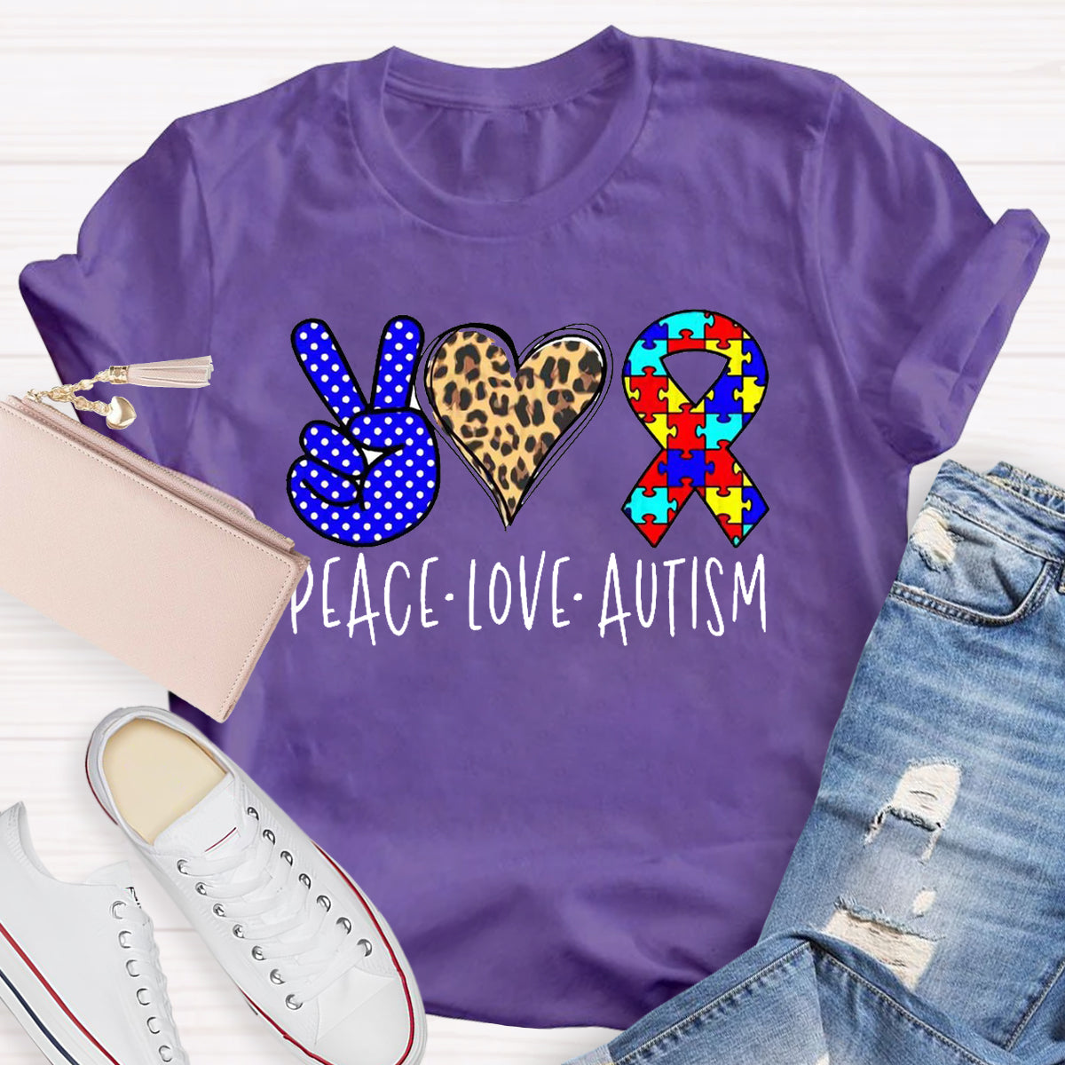 Peace love Autism Leopard Heart T-Shirt