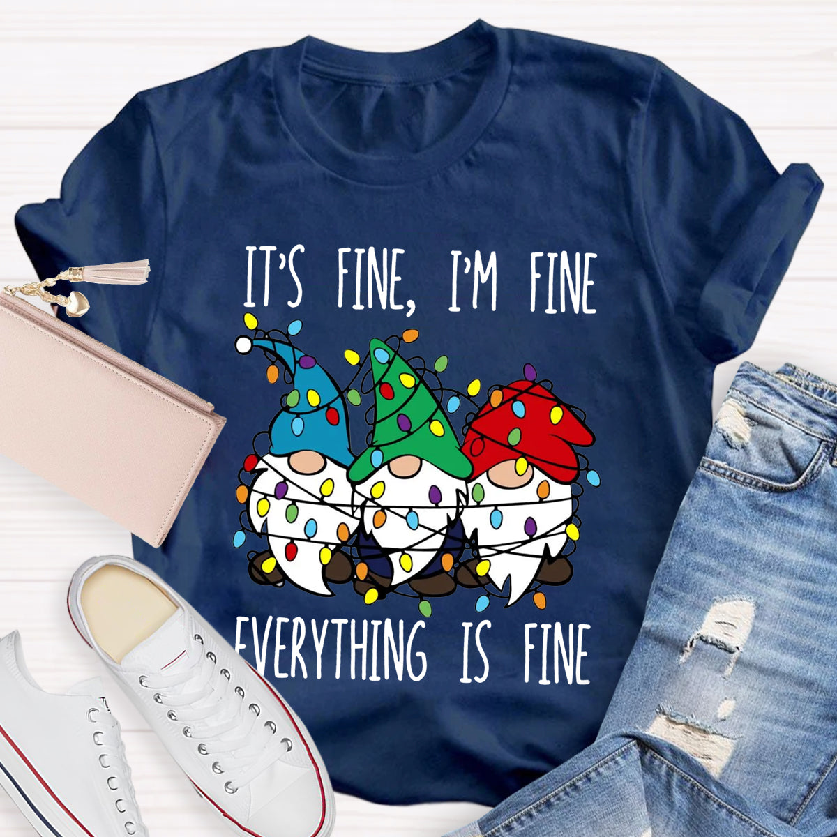 It's Fine I'M Fine Everything Is Fine Three Gnomes Christmas T-Shirt