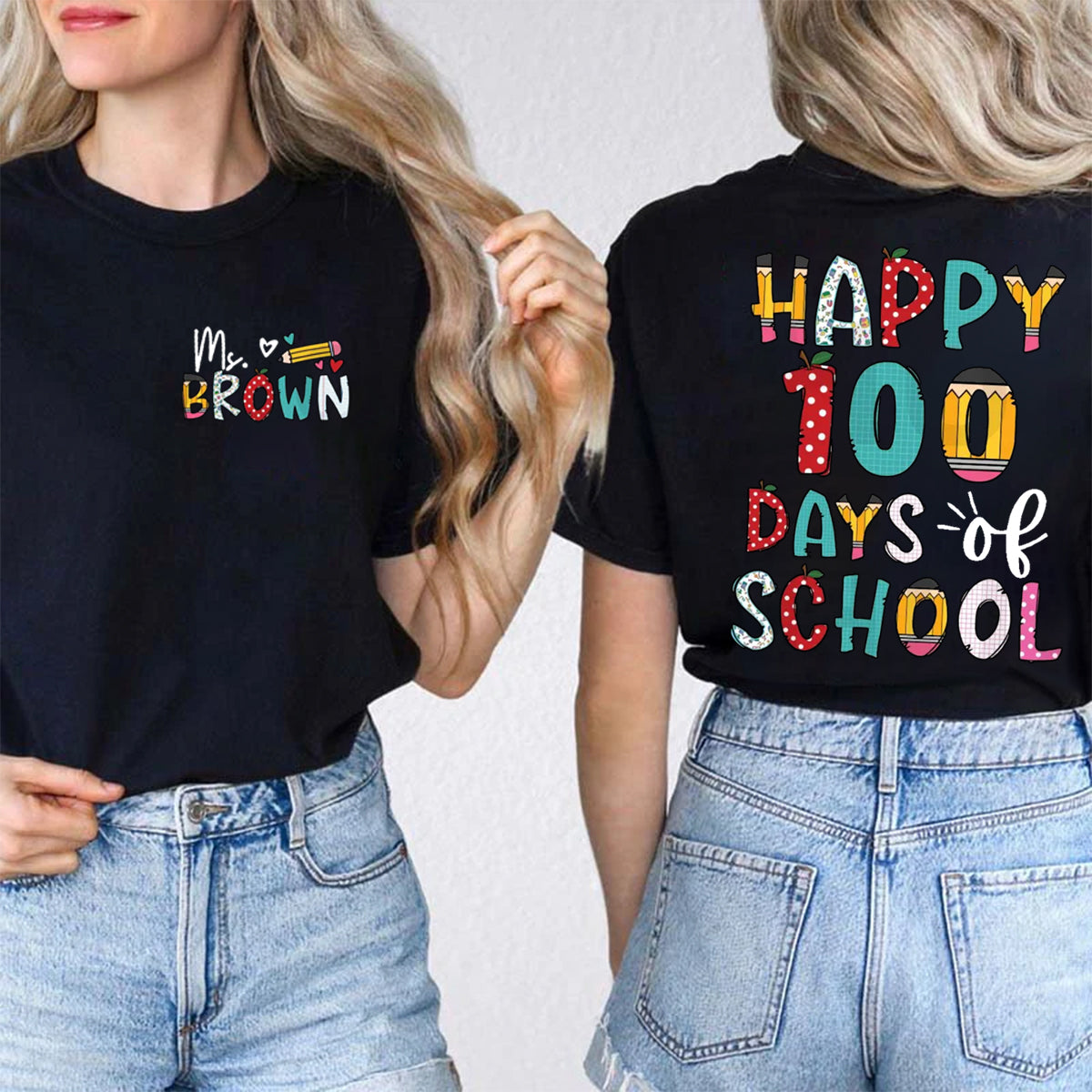 Personalized Name Happy 100 Days Of School Double Printed T-shirt