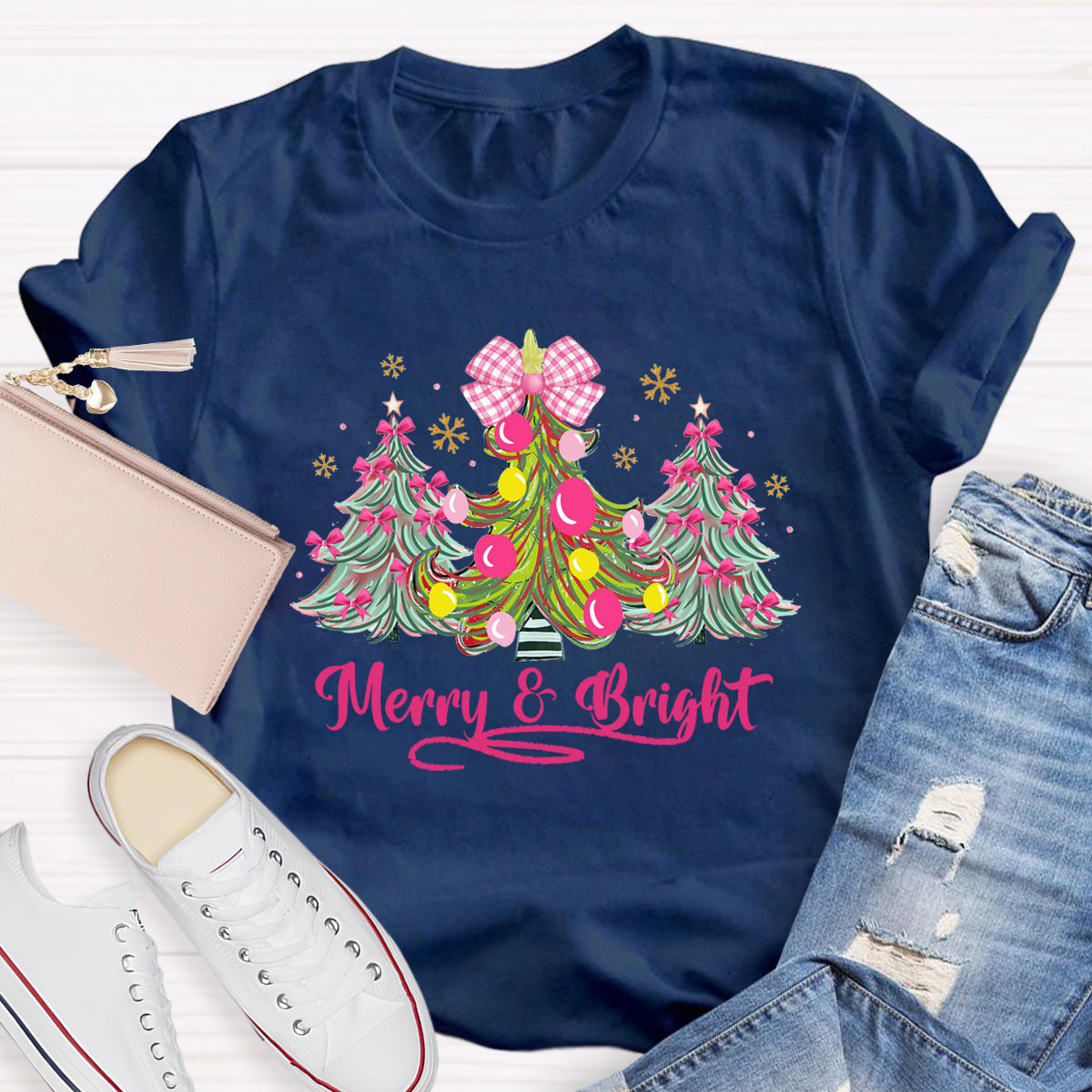 Bow Christmas Tree Merry And Bright Christmas Teacher T-Shirt