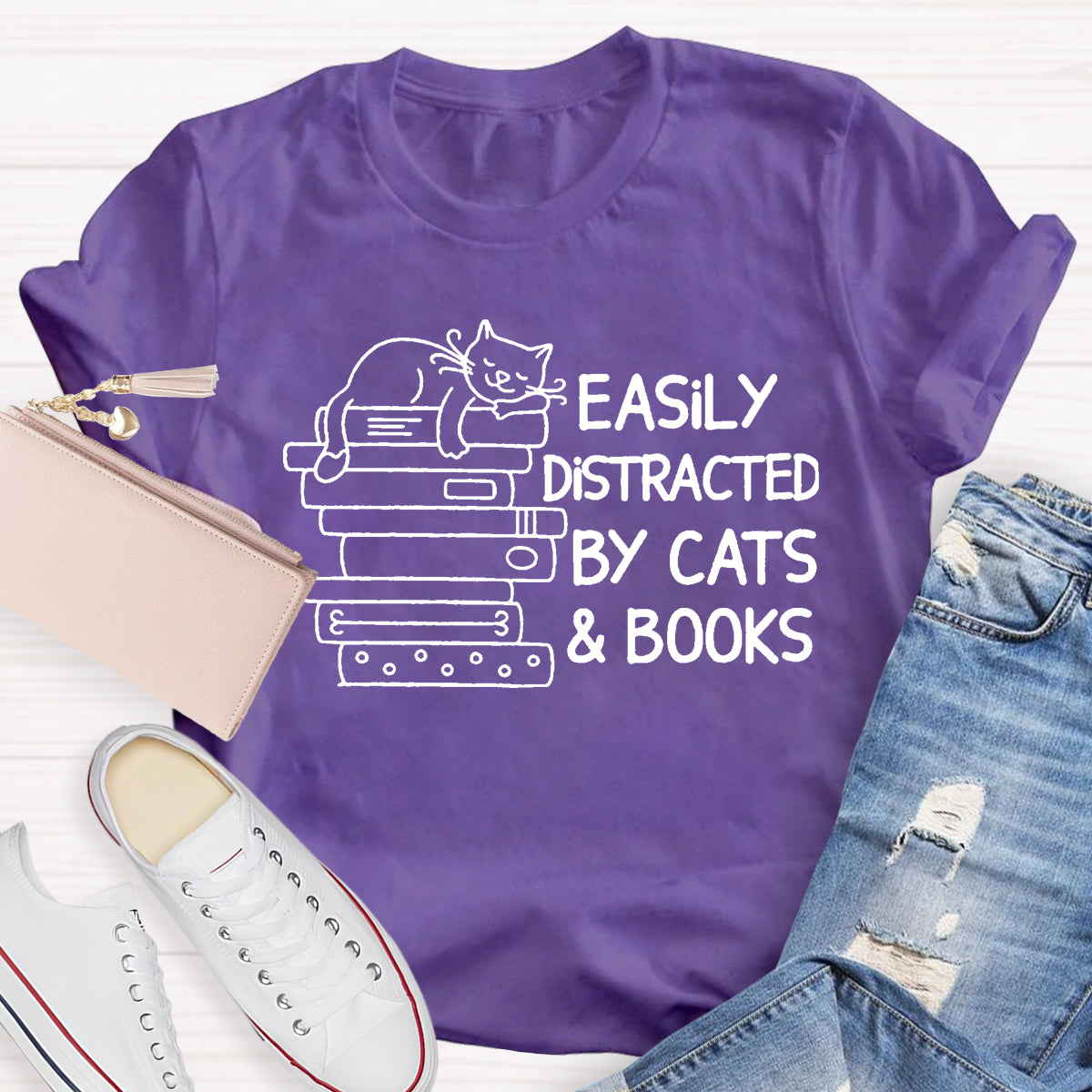 Easily Distracted By Cats And Books Teacher T-Shirt