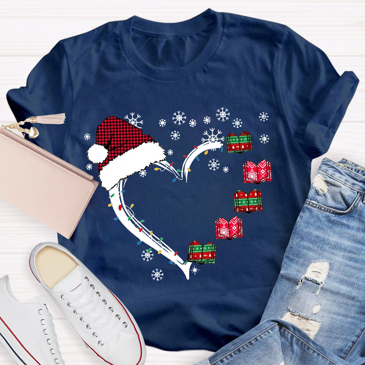 Christmas Books Heart Teacher T-Shirt