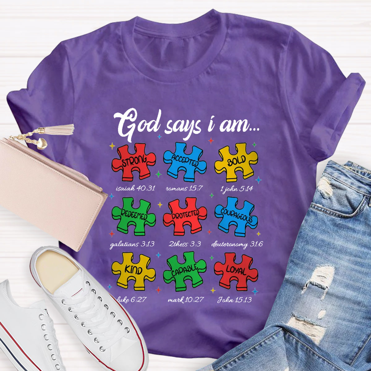 God Says I am Strong Puzzle Pieces Autism T-Shirt