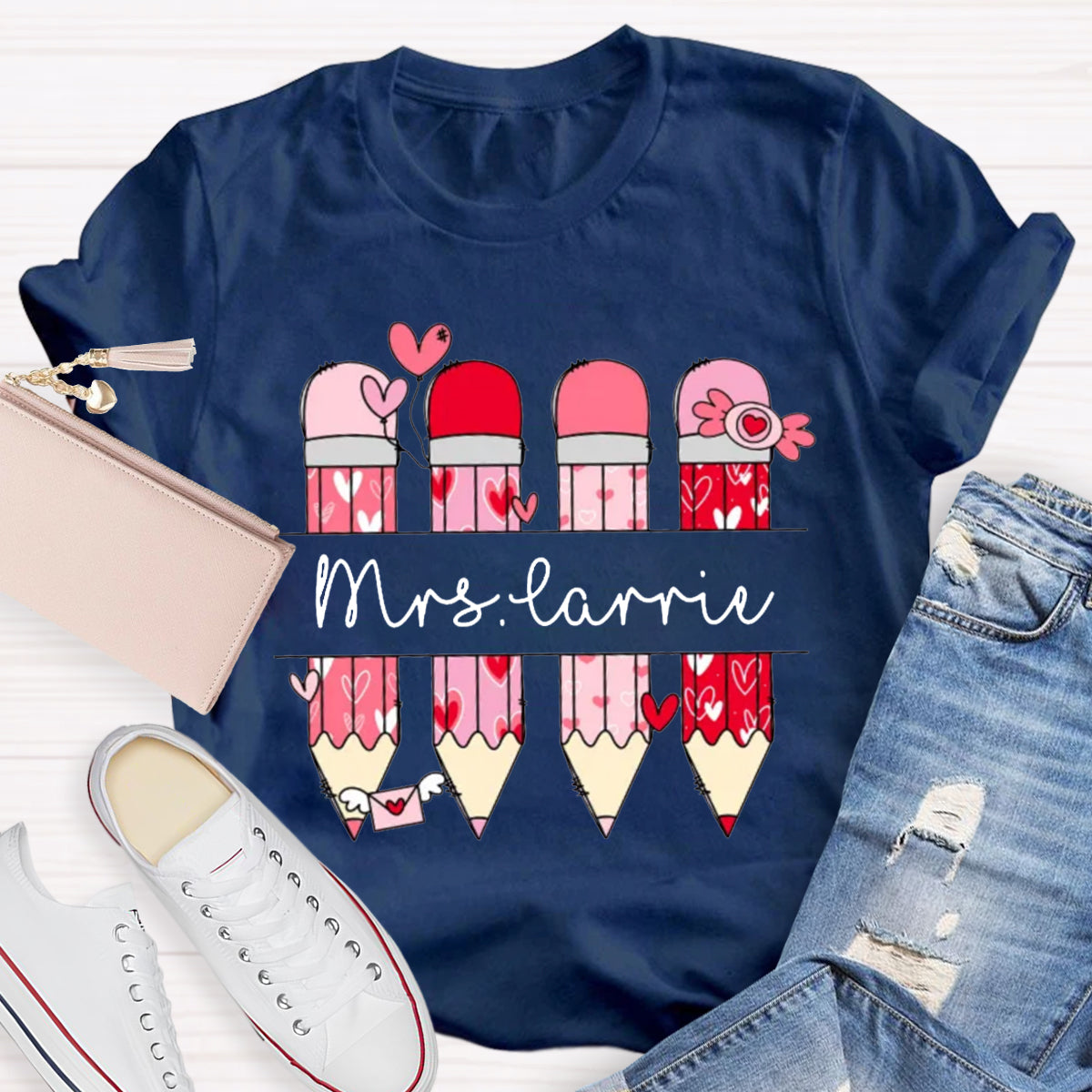 Personalized Name Valentine's Day Pink Pencil Teacher T-Shirt