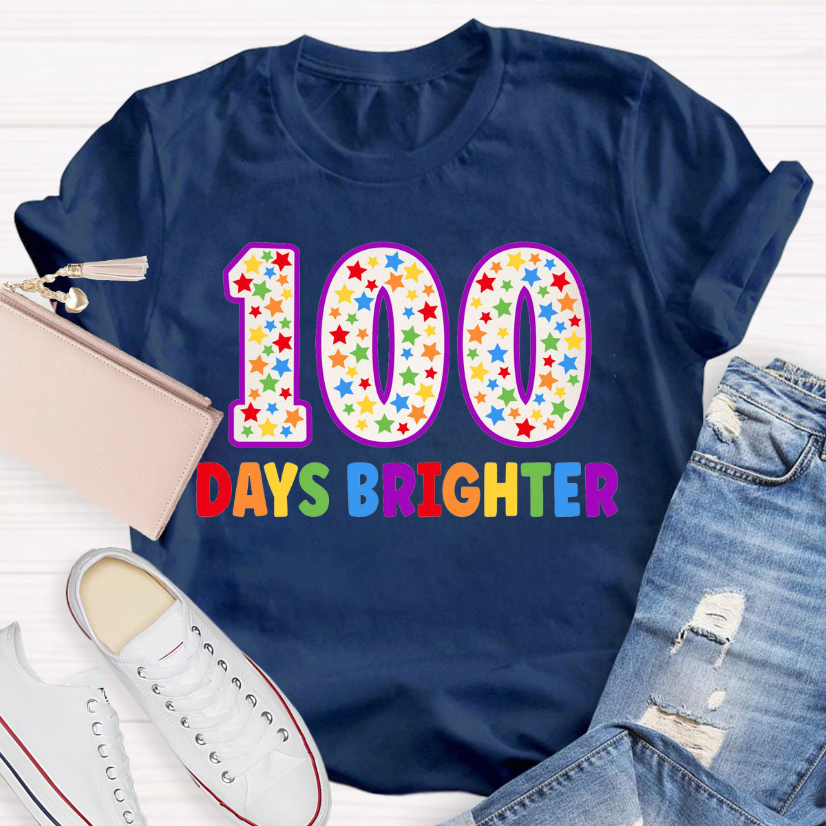 100 Days Brighter Colorful Letter Teacher T-Shirt