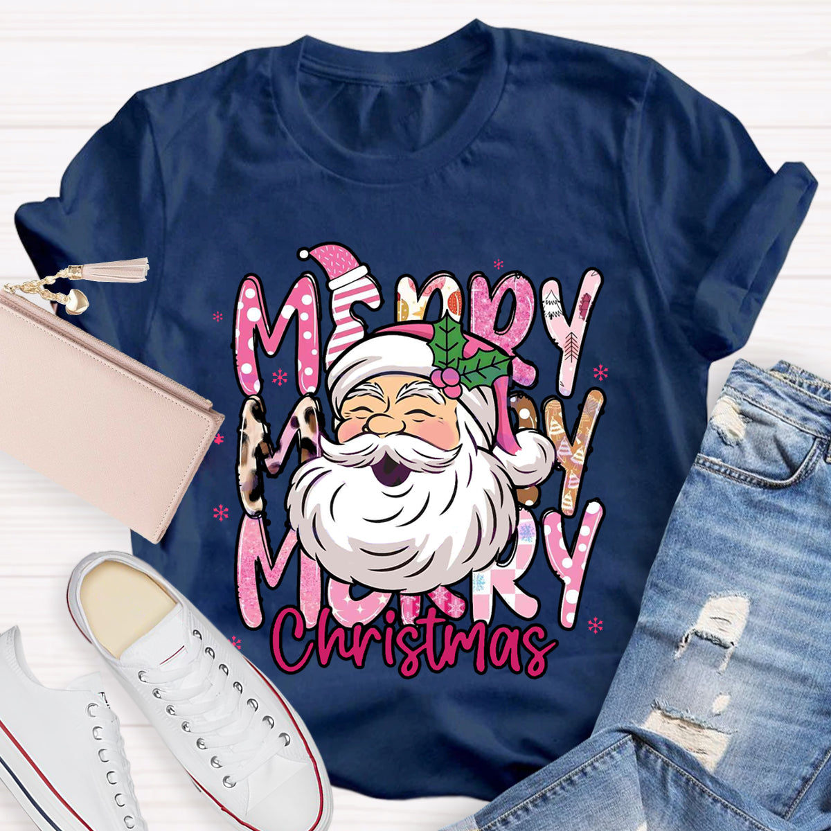 Pink Santa Claus Merry Christmas Teacher T-Shirt