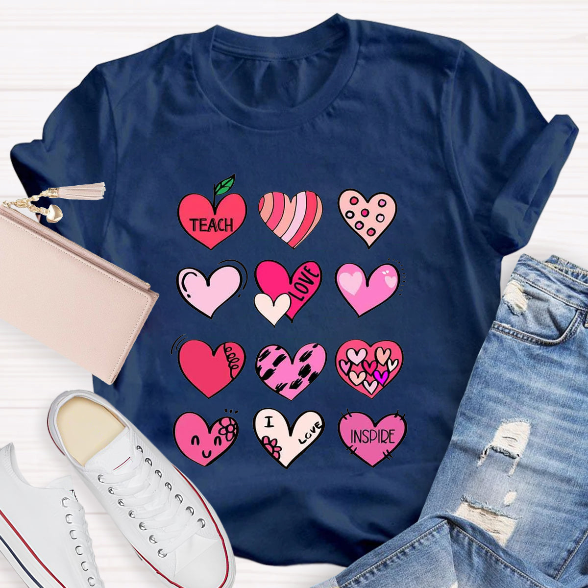 Cartoon Hearts Teach Love Inspire Teacher T-Shirt