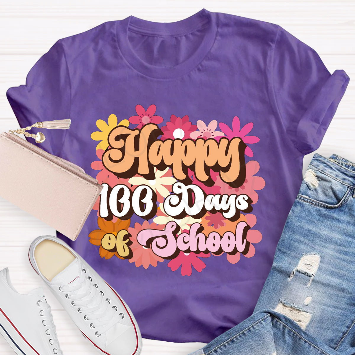 Happy 100 Days Of School Floral Printed T-Shirt