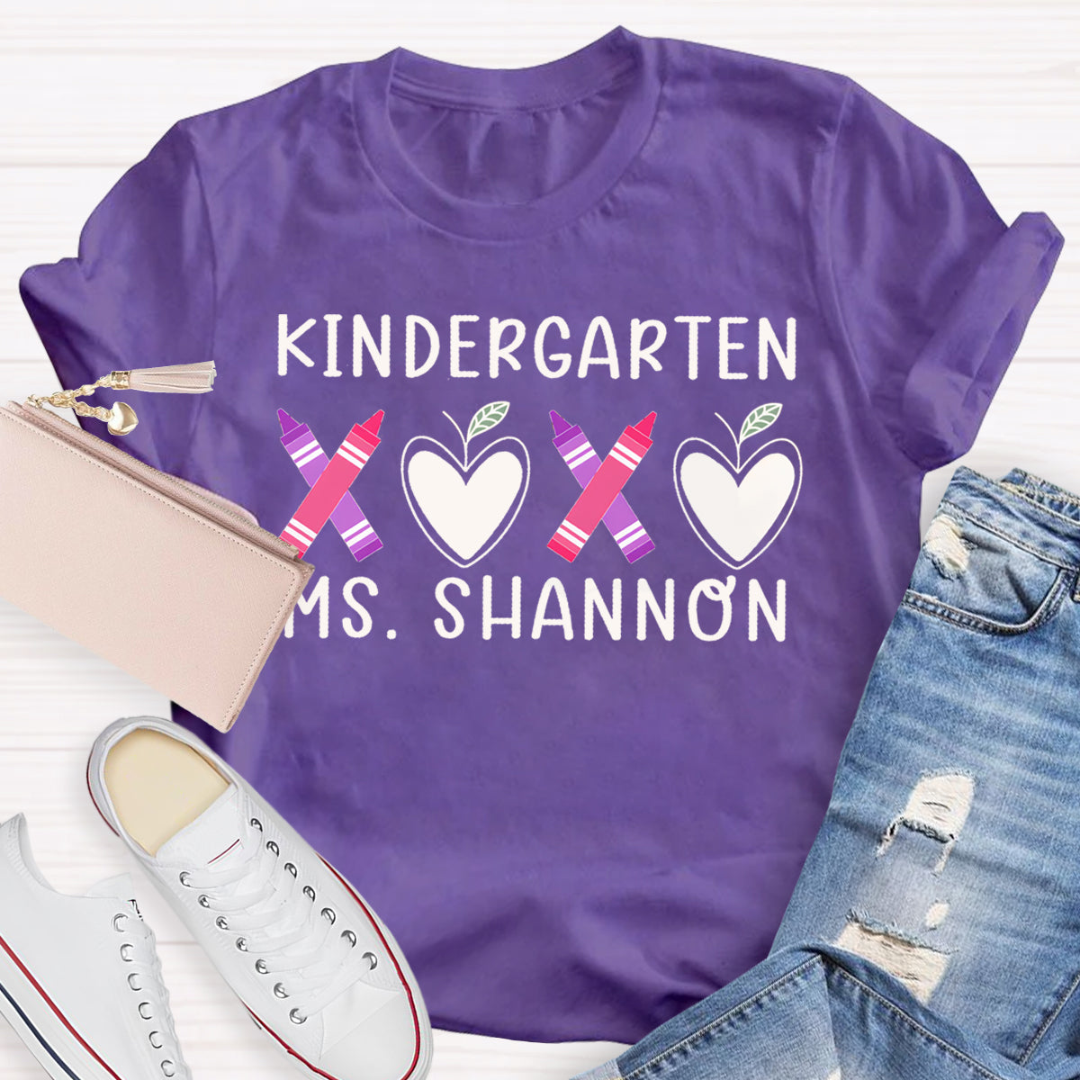 Personalized Grade And Name Pink Heart Crayon Teacher T-Shirt