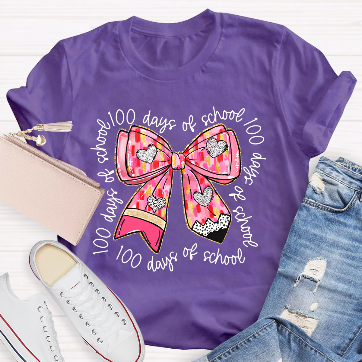 100 Days Of School Teacher Pink Bow T-Shirt