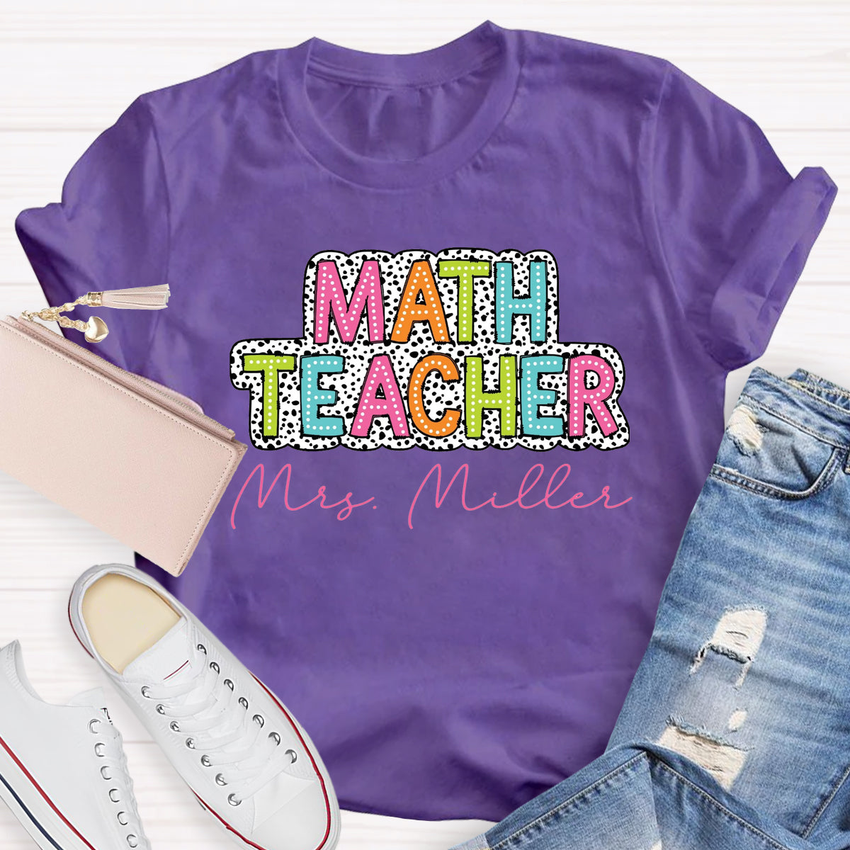 Personalized Name Dalmatian Dots Math Teacher T-Shirt