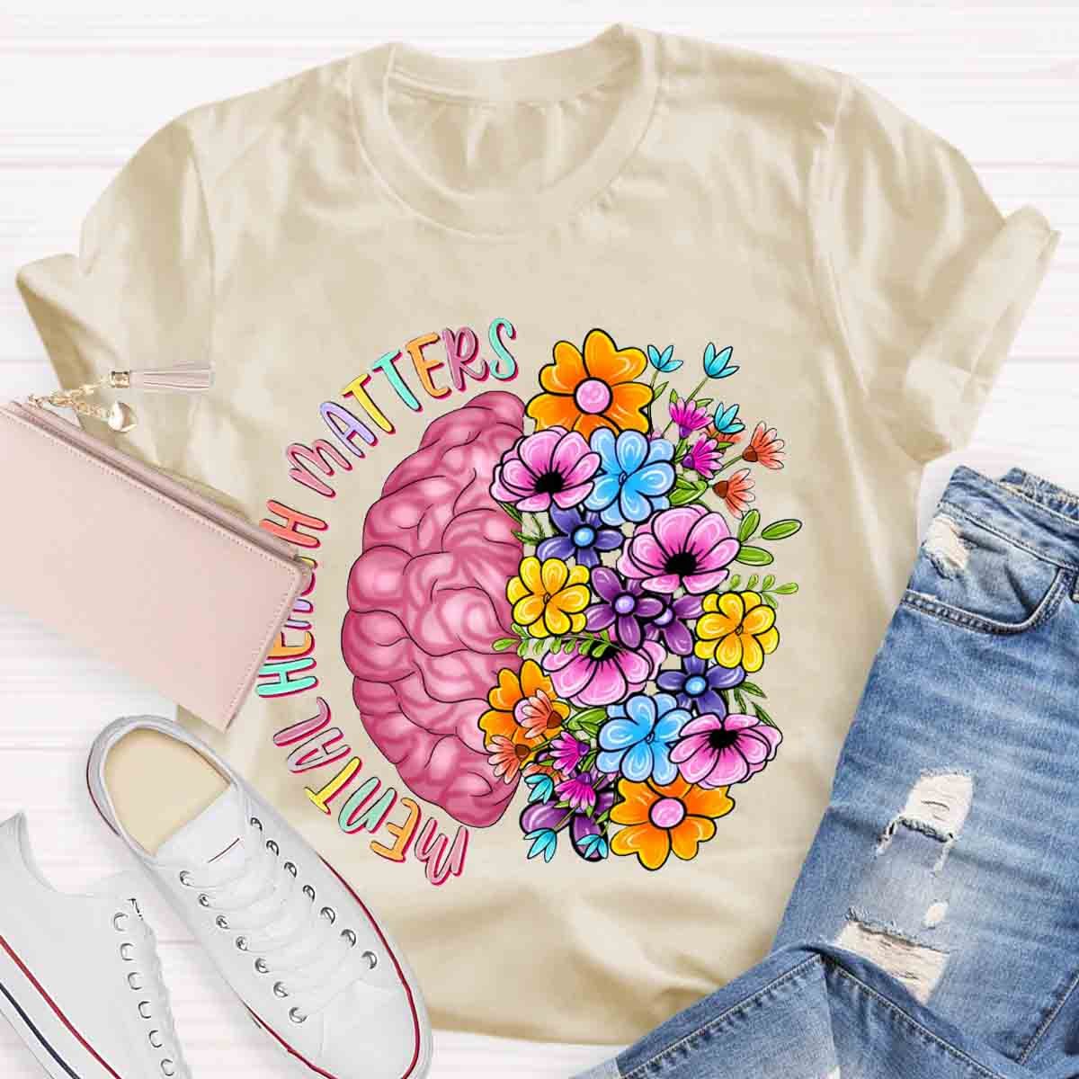 Mental Health Matters Half Brain Half Floral Skull T-Shirt