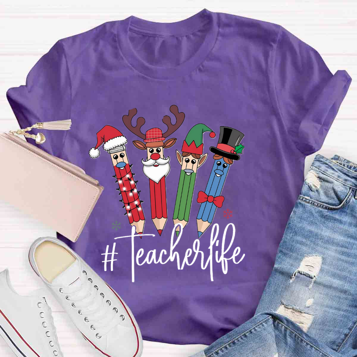 Teacher Life Christmas Pencil Print T-Shirt