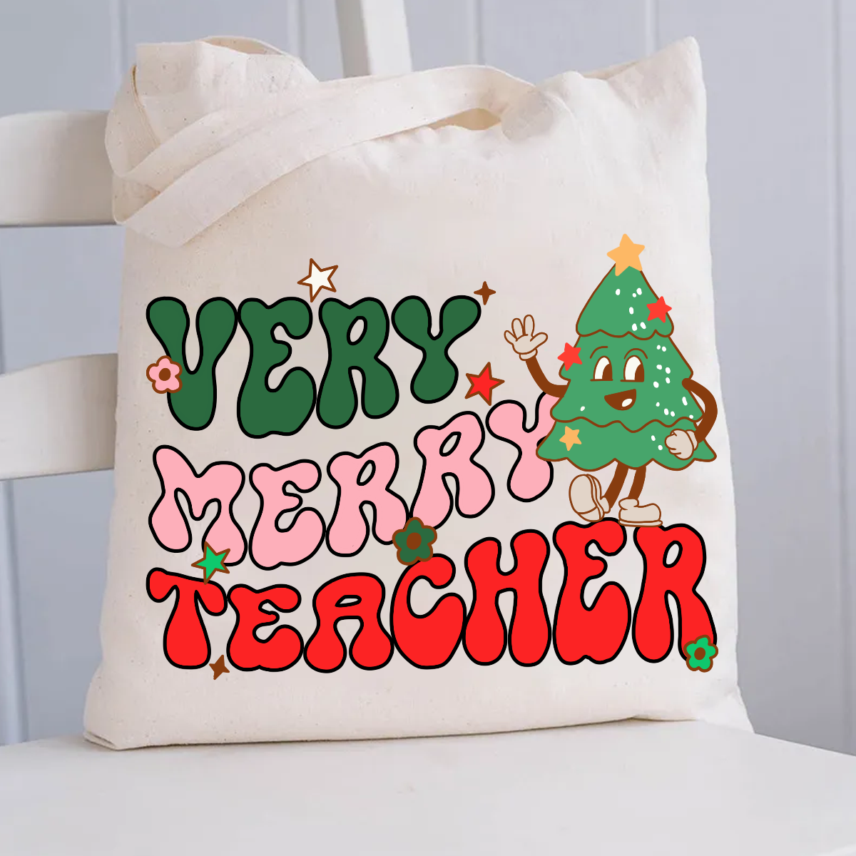 Very Merry Teacher Christmas Tree Canvas Tote Bag