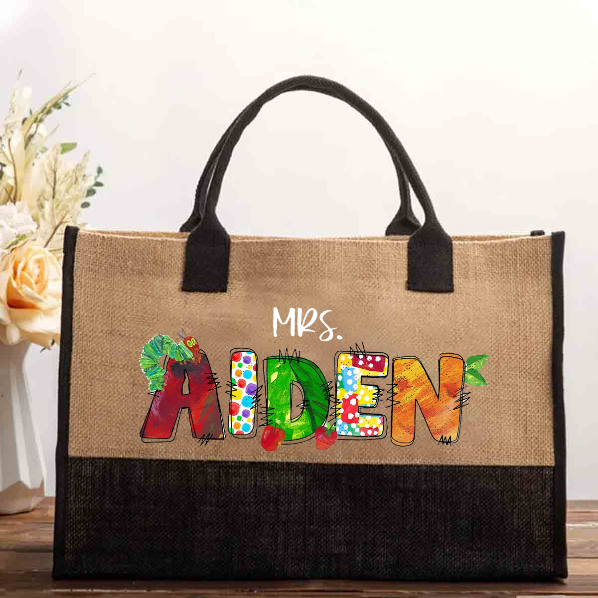 Personalized Name Caterpillar Apple Teacher Cotton Tote Bag