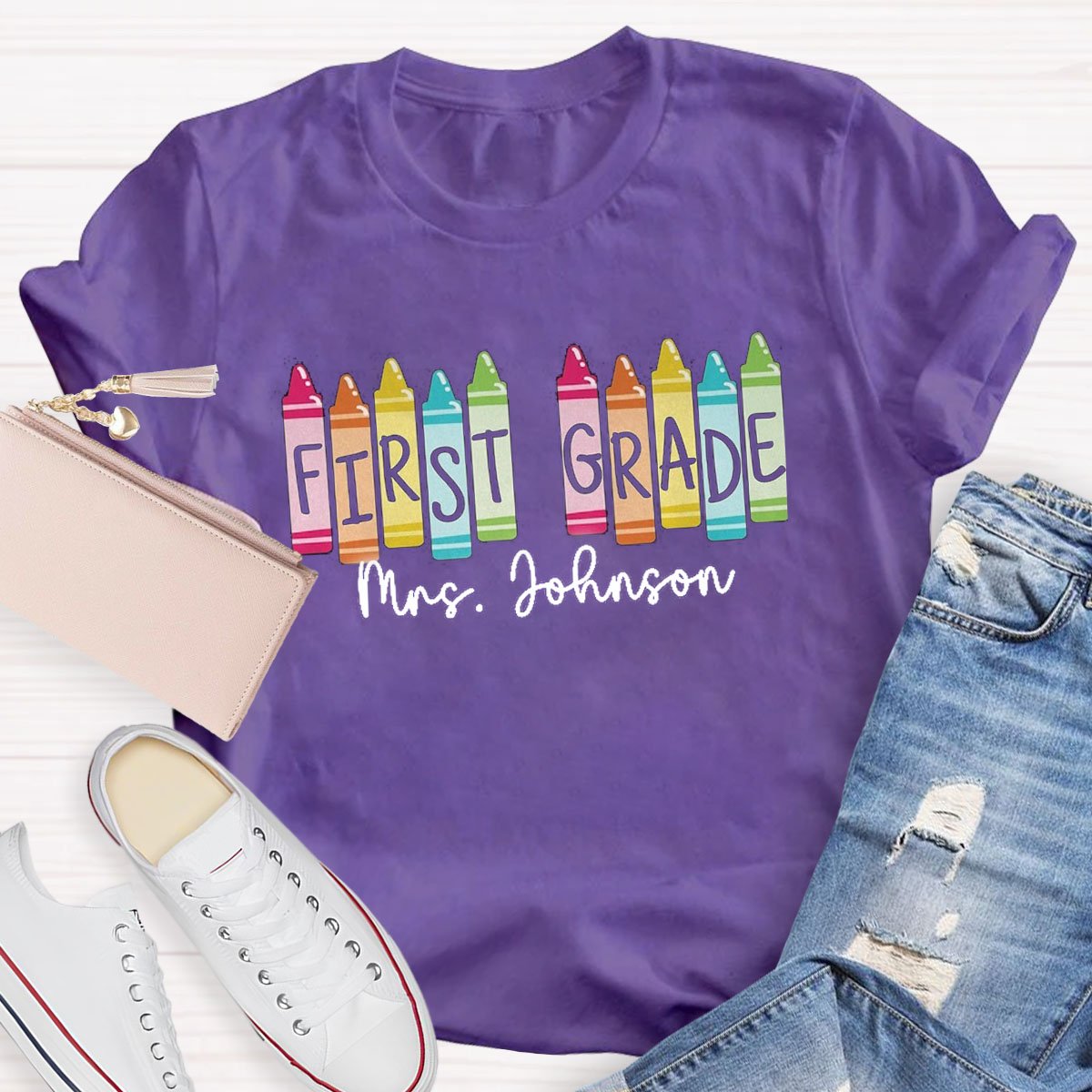 Personalized Grade And Name Colored Crayons T-Shirt