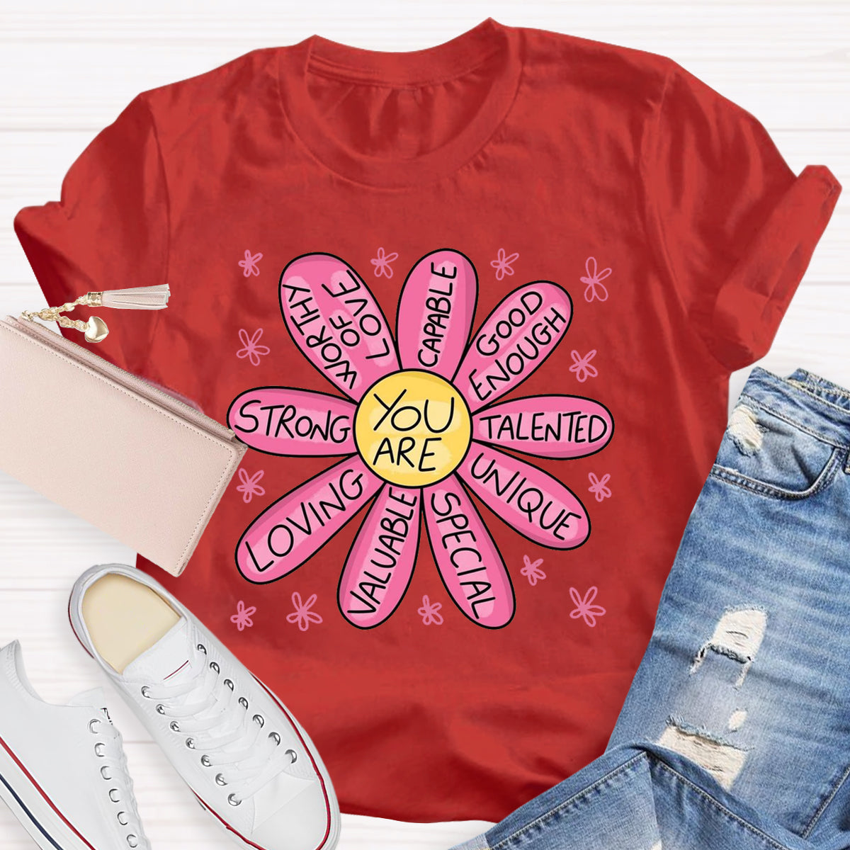 You Are Strong Loving Pink Floral Teacher T-Shirt