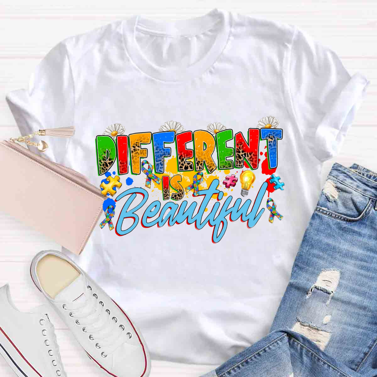 Different Is Beautiful Floral Teacher T-Shirt