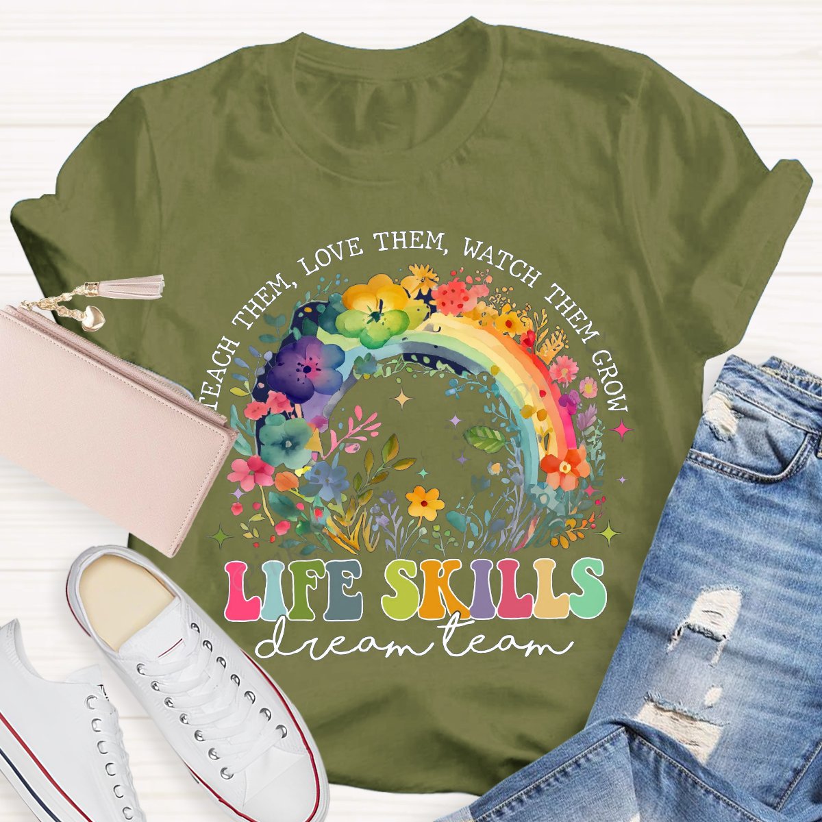 Colorful Rainbow Life Skill Dream Team Teacher T-Shirt