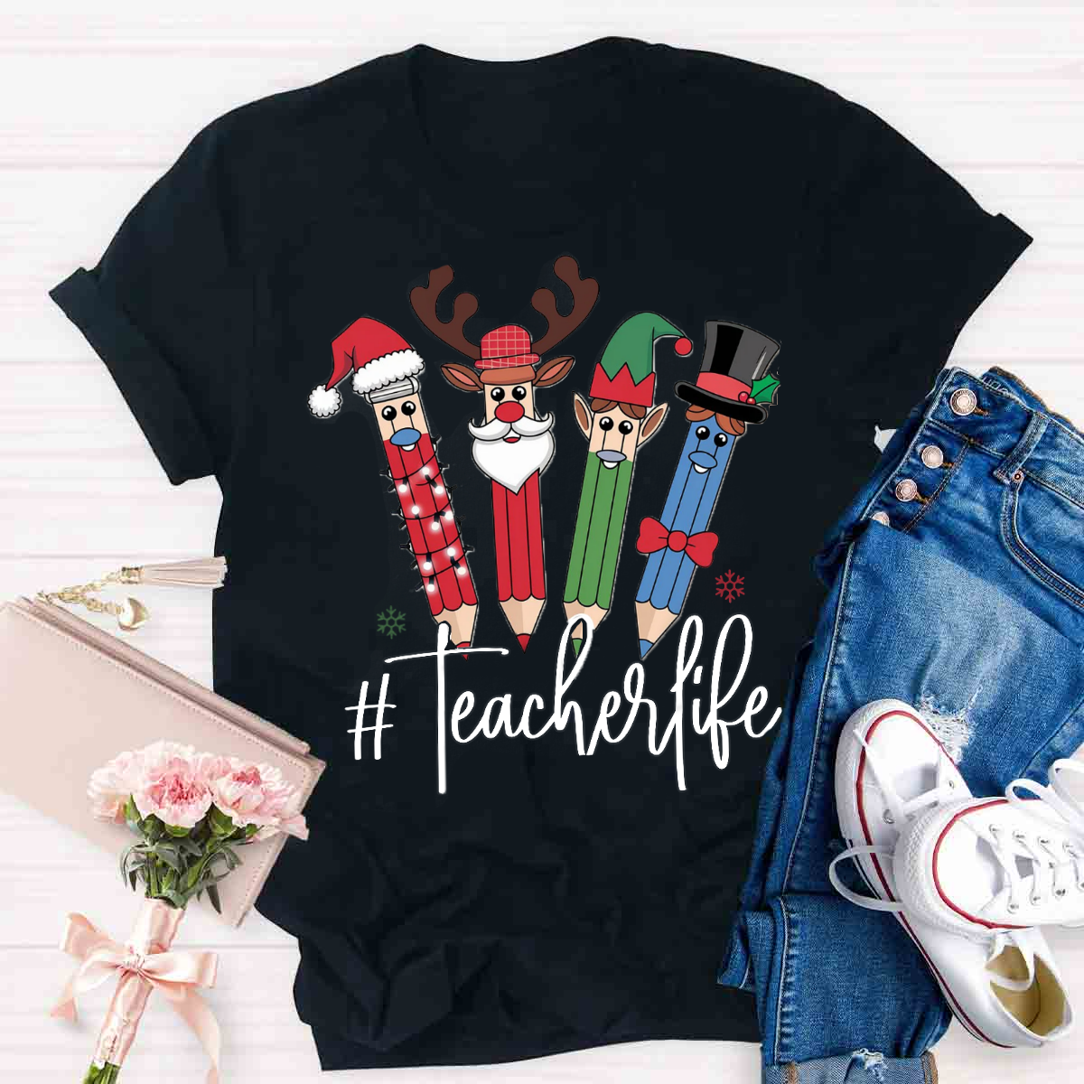 Teacher Life Christmas Pencil Print T-Shirt