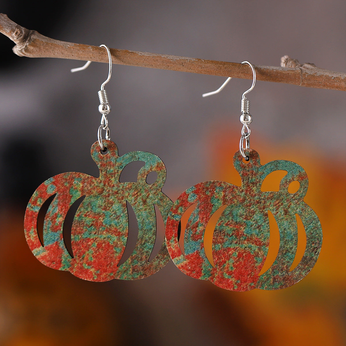 Pumpkin Maple Leaf Distressed Rust Hollow Pendant Earrings