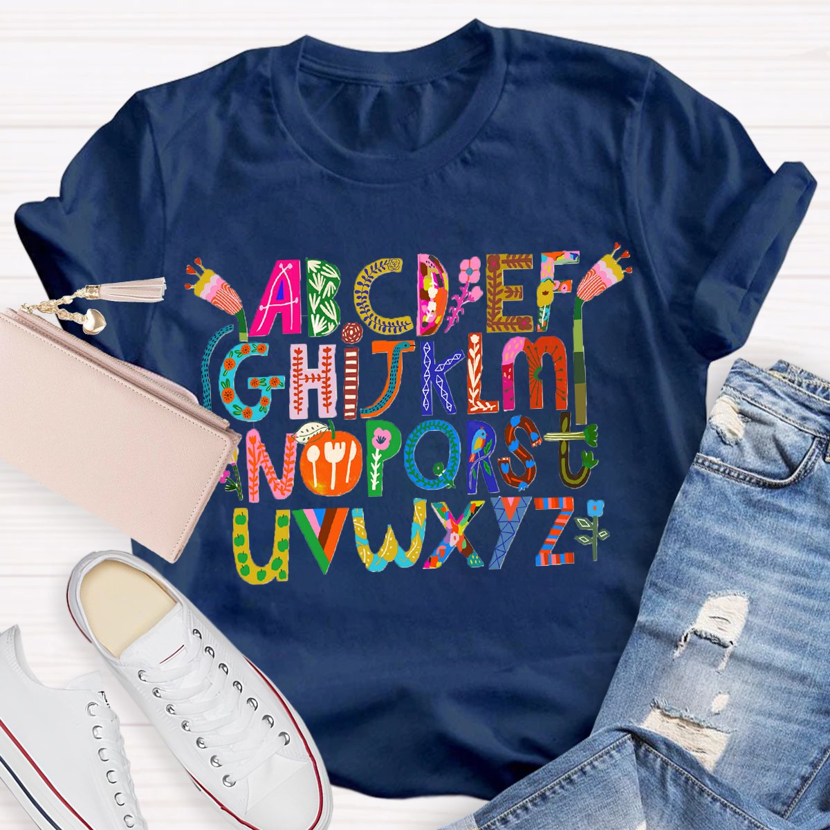 Artistic Design Cute Alphabet Print Teacher T-Shirt