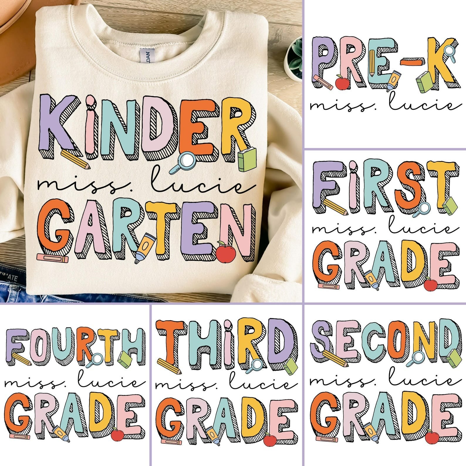 Personalized Name And Grade First Grade Striped Letter Print T-shirt