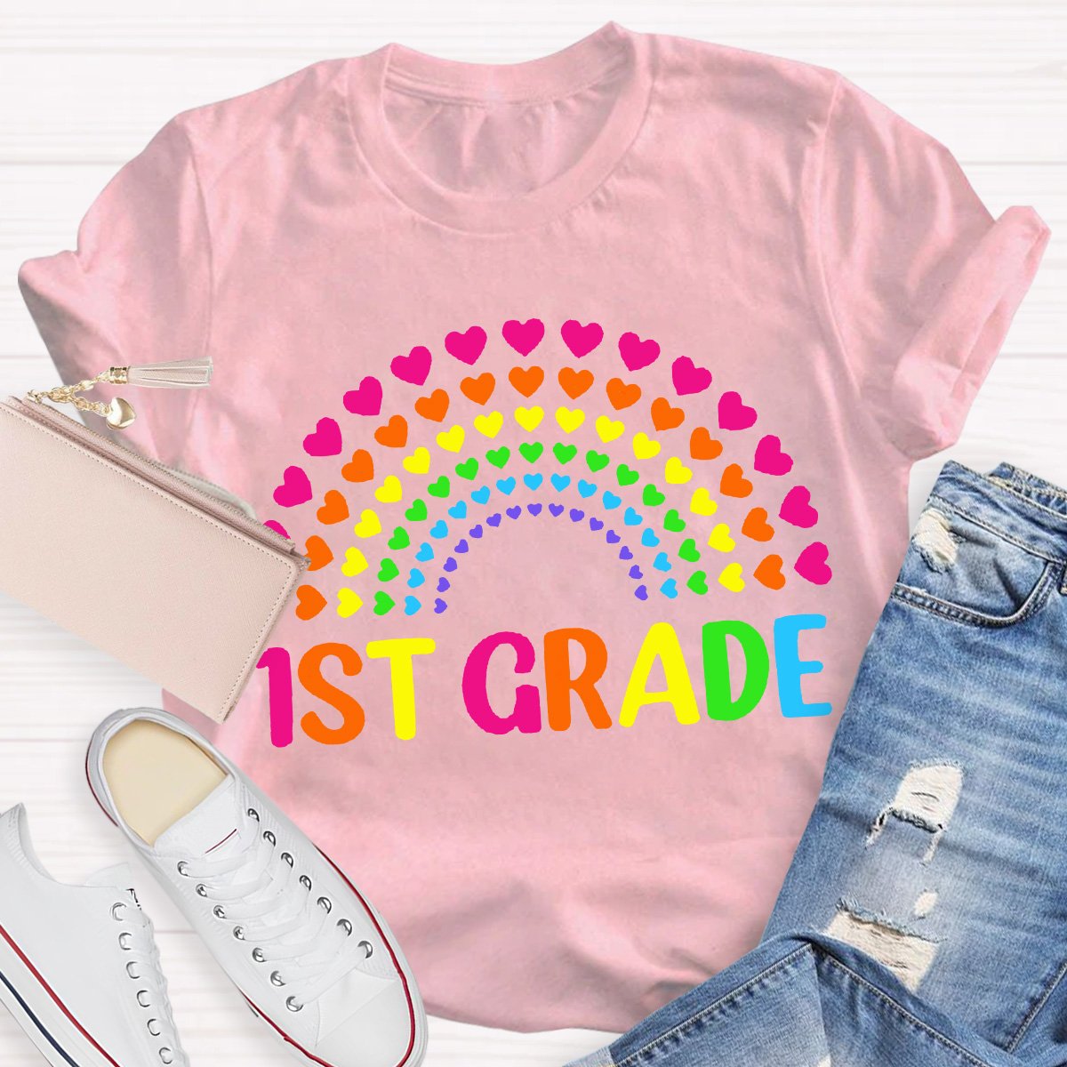 Personalized Grade Teacher Heart Rainbow Shirt