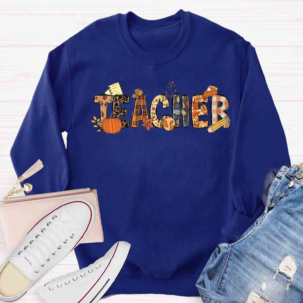 Teacher Fall Pumpkin Orange Plaid Sweatshirt