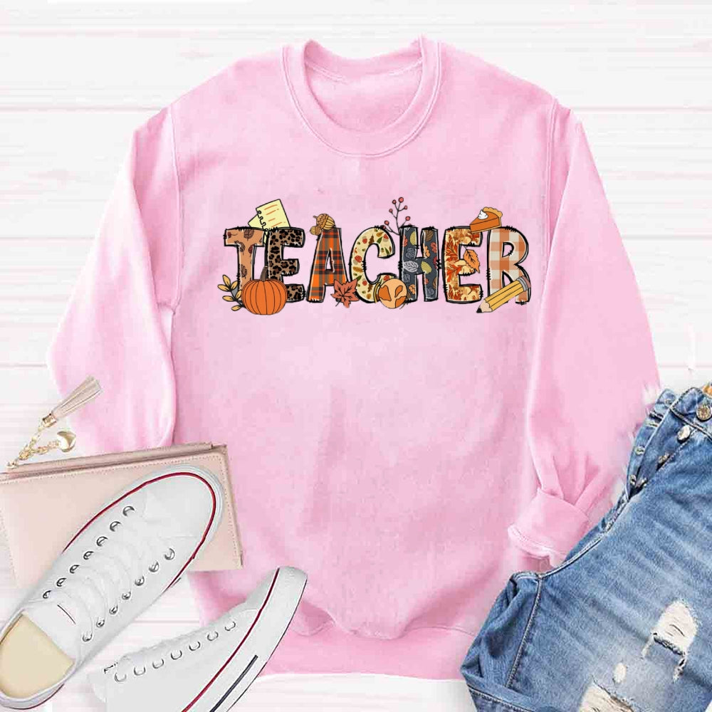 Teacher Fall Pumpkin Orange Plaid Sweatshirt