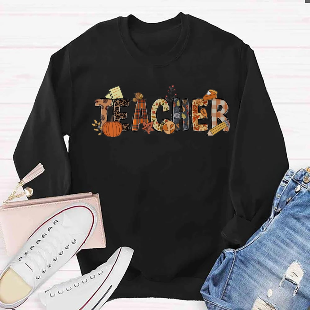 Teacher Fall Pumpkin Orange Plaid Sweatshirt