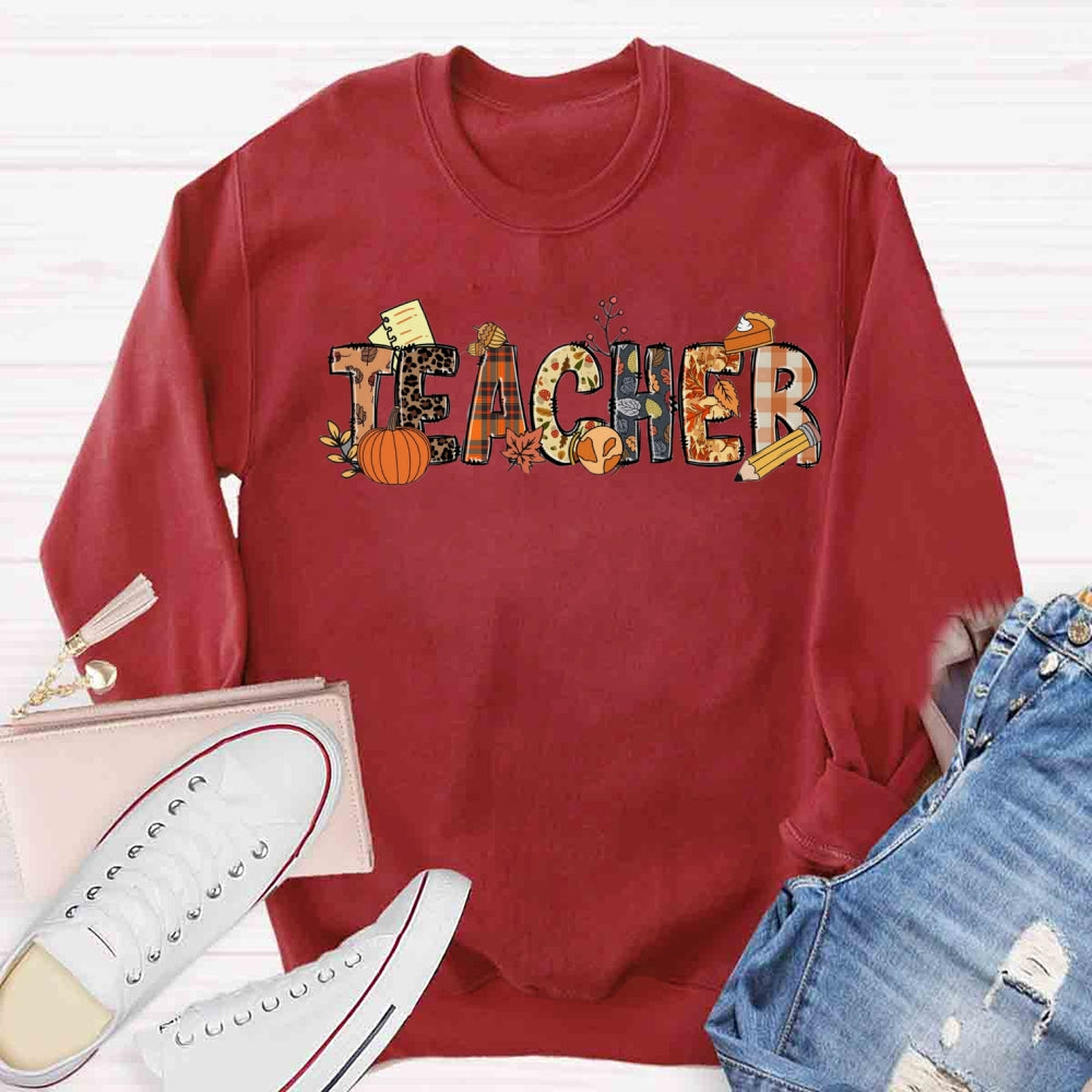 Teacher Fall Pumpkin Orange Plaid Sweatshirt