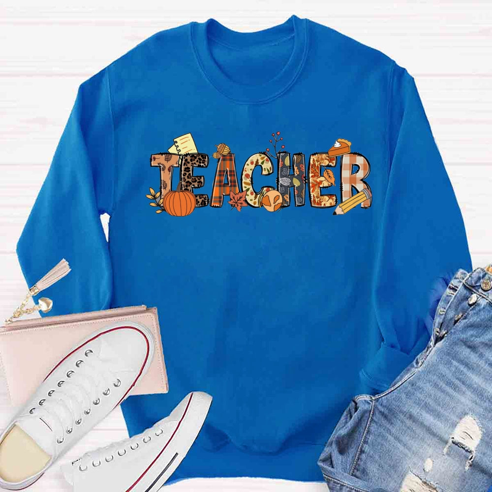 Teacher Fall Pumpkin Orange Plaid Sweatshirt