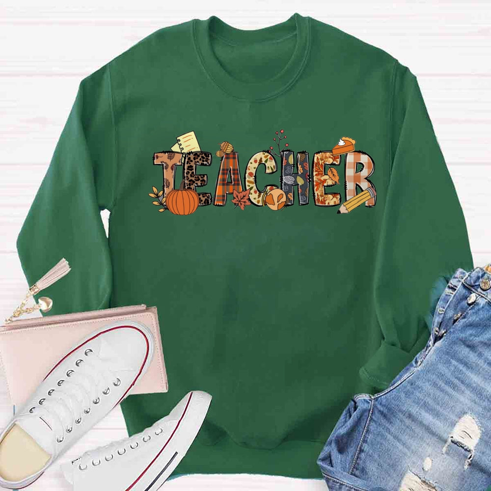 Teacher Fall Pumpkin Orange Plaid Sweatshirt