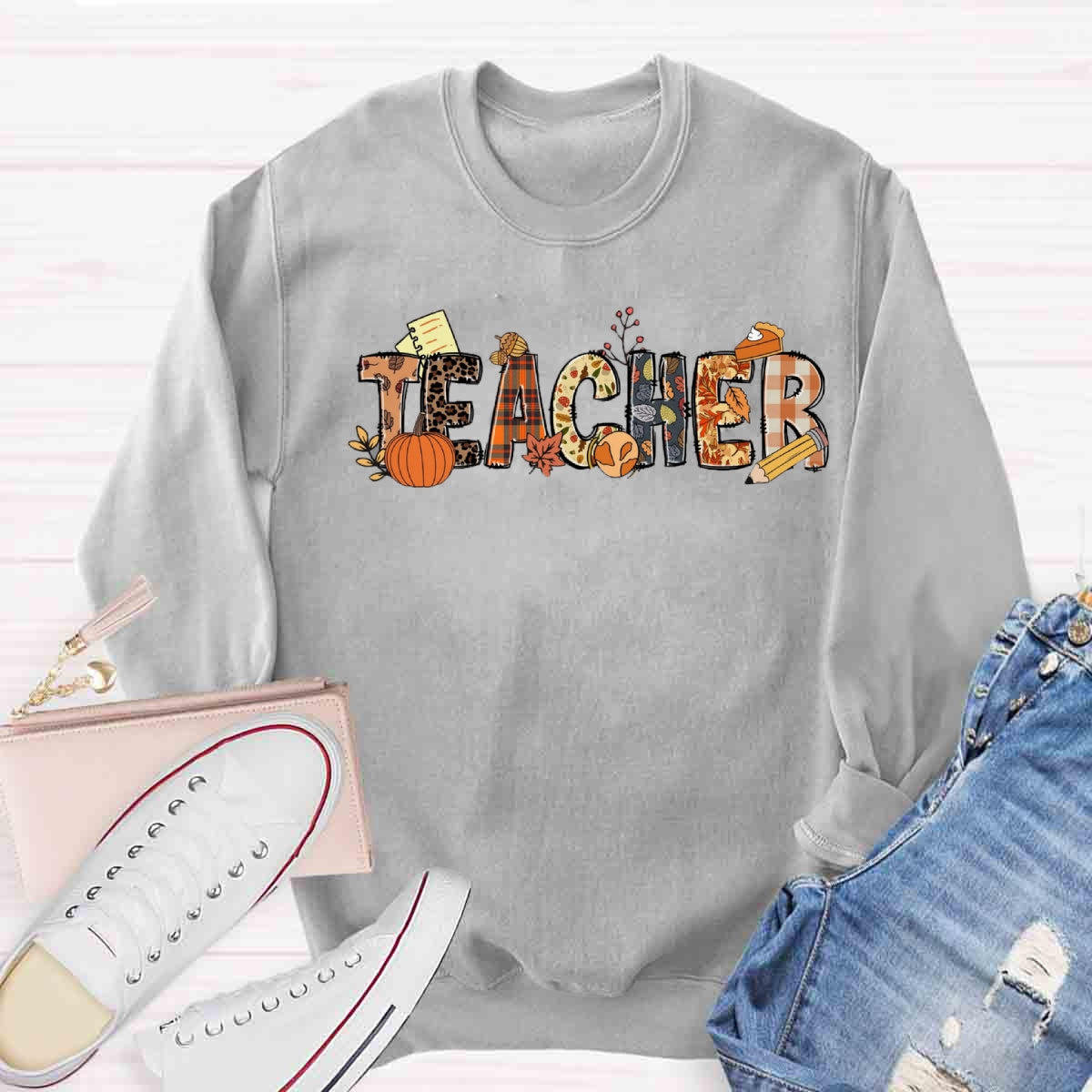 Teacher Fall Pumpkin Orange Plaid Sweatshirt